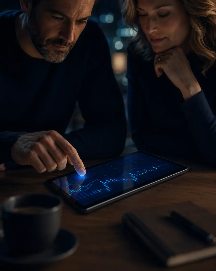 Due persone consultano insieme un tablet a un tavolo, in un interno domestico italiano di sera.